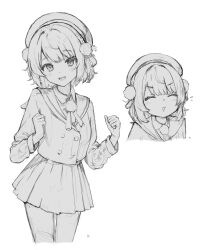 Rule 34 | 1girl, ^ ^, blush, buttons, clenched hands, closed eyes, commentary request, double-breasted, facing viewer, feet out of frame, greyscale, hair ornament, hat, highres, indie virtual youtuber, long sleeves, looking at viewer, monochrome, multiple views, pom pom (clothes), pom pom hair ornament, portrait, ruka tou, sailor collar, shigure ui (vtuber), short hair, simple background, skirt, smile, virtual youtuber, white background