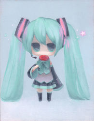 Rule 34 | 1girl, bad id, bad pixiv id, blue background, candy, chibi, cinkai, eating, female focus, food, green eyes, green hair, hatsune miku, lollipop, long hair, looking at viewer, matching hair/eyes, ribbon, solo, star (symbol), twintails, vocaloid