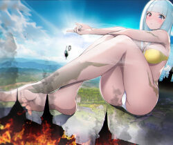 Rule 34 | ass, au ra, bare shoulders, barefoot, bikini, blunt bangs, blush, breasts, cityscape, cleavage, closed mouth, collarbone, commission, dermar, dragon, dragon girl, final fantasy, final fantasy xiv, fire, flower, foreshortening, front-tie bikini top, front-tie top, giant, giantess, grey hair, hair flower, hair ornament, heterochromia, large breasts, long hair, looking at viewer, navel, purple eyes, red eyes, scales, sidelocks, sitting, skeb commission, sky, strapless, strapless bikini, swimsuit, toes, white bikini, yellow bikini