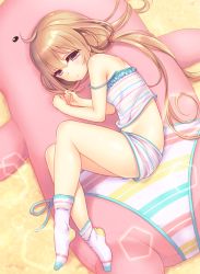 Rule 34 | 10s, 1girl, blush, brown eyes, brown hair, camisole, closed mouth, futaba anzu, hexagon, hlz, idolmaster, idolmaster cinderella girls, lens flare, long hair, loungewear, low twintails, lying, on side, panties, short shorts, shorts, side-tie panties, socks, solo, strap slip, striped clothes, striped panties, striped socks, stuffed animal, stuffed toy, thighs, twintails, underwear, white panties