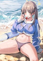 Rule 34 | 1girl, beach, bikini, bikini bottom only, black bikini, blue archive, blue hoodie, blush, breasts, brown hair, candy, collarbone, cropped hoodie, feet out of frame, food, halo, highres, holding, holding candy, holding food, holding lollipop, hood, hoodie, large breasts, lollipop, long sleeves, looking at viewer, moe (blue archive), moe (swimsuit) (blue archive), navel, official alternate costume, on ground, sitting, smile, solo, spread legs, stomach, swimsuit, twintails, yampa
