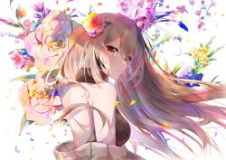 Rule 34 | 1girl, ahoge, alternate costume, backless dress, backless outfit, black dress, bouquet, brown eyes, brown hair, brown sweater, cherry blossoms, crossed bangs, dress, elphe, flower, hair flower, hair ornament, halter dress, halterneck, highres, hololive, hololive english, long hair, looking at viewer, looking back, multicolored hair, nanashi mumei, off shoulder, petals, rainbow gradient, rose, see-through, streaked hair, sweater, very long hair, virtual youtuber