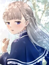 Rule 34 | 1girl, blue capelet, blue eyes, blunt bangs, blush, braid, capelet, collar, commentary request, dappled sunlight, day, french braid, frilled capelet, frilled collar, frills, from behind, grey hair, hand up, highres, lawine (sousou no frieren), long hair, looking at viewer, looking back, omichi 1219, open mouth, outdoors, solo, sousou no frieren, sunlight, upper body