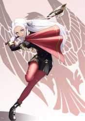 Rule 34 | 1girl, absurdres, axe, black eagles logo, black footwear, black jacket, boots, cape, commentary request, edelgard von hresvelg, fire emblem, fire emblem: three houses, forehead, garreg mach monastery uniform, gloves, gradient background, grey background, hair ribbon, highres, holding, holding axe, holding weapon, jacket, long hair, long sleeves, nintendo, pantyhose, purple eyes, red cape, red pantyhose, ribbon, silver hair, solo, sukkirito (rangusan), weapon, white gloves