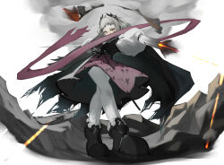 Rule 34 | 1girl, absurdres, ammunition belt, arknights, black cape, black dress, black footwear, boots, cape, dress, dual wielding, firing, foreshortening, from behind, full body, grey eyes, grey hair, gun, head wings, highres, holding, holding gun, holding sword, holding weapon, irene (arknights), long hair, long sleeves, looking at viewer, multicolored clothes, multicolored dress, nero (nero nyam), pantyhose, pink dress, pink ribbon, rapier, ribbon, rock, scar, scar across eye, smoke, solo, standing, sword, weapon, white dress, white pantyhose, wings