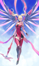 Rule 34 | 1girl, alternate hairstyle, blonde hair, blue sky, closed eyes, dress, fingerless gloves, gloves, hair ribbon, highres, mechanical wings, mercy (overwatch), midair, nail polish, official alternate costume, overwatch, overwatch 1, phamoz, pink dress, pink mercy, pink nails, pink thighhighs, ribbon, sky, smile, solo, staff, thighhighs, twintails, wings