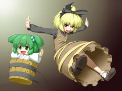 Rule 34 | 2girls, blonde hair, bow, brown eyes, bucket, female focus, green eyes, green hair, hair bow, in bucket, in container, kentairui, kisume, kurodani yamame, multiple girls, outstretched arms, short hair, spread arms, touhou, twintails