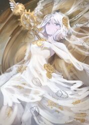 Rule 34 | 1girl, analog clock, blue eyes, bridal veil, bride, clock, clock print, dress, e.g.o (project moon), faust (project moon), gears, gloves, hair ornament, highres, holding, holding weapon, limbus company, looking at viewer, lying, natsoo (natsoomeee), on back, open mouth, project moon, short hair, signature, solo, veil, weapon, wedding dress, white dress, white gloves, white hair