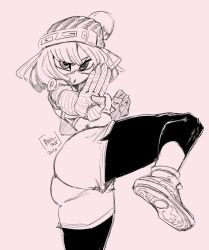 Rule 34 | arms (game), ass, beanie, fighting stance, hat, highres, min min (arms), monochrome, pantyhose, pantyhose under shorts, short hair, shorts, sketch, spicy bardo, standing, standing on one leg