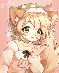 Rule 34 | 1girl, 2022, :3, animal ear fluff, animal ears, blonde hair, bobblehat, body fur, borrowed character, cat ears, cat girl, cat tail, choker, claws, female focus, fur-trimmed headwear, fur trim, furry, furry female, green eyes, green headwear, heart, highres, looking at viewer, methynecros, original, pawpads, pom pom (clothes), print headwear, solo, strapless, tail