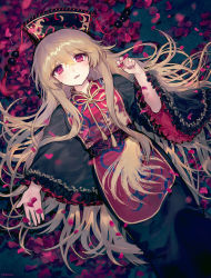 Rule 34 | 1girl, ainy, black dress, black hat, blonde hair, chinese clothes, crescent, dress, fingernails, frilled sleeves, frills, from above, hair between eyes, hat, junko (touhou), long hair, long sleeves, looking at viewer, lying, on back, parted lips, petals, red eyes, revision, ribbon, rose petals, sash, solo, tabard, tareme, tassel, touhou, wide sleeves, yellow ribbon