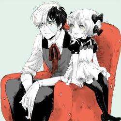 Rule 34 | 1boy, 1girl, :d, armchair, bad id, bad pixiv id, black hair, black jack (character), black jack (series), blue background, blush, bow, bowl cut, buttons, chair, collar, collared shirt, colored skin, dress, eye contact, eyelashes, fingernails, full body, hair bow, hair ornament, hair ribbon, hands on own knees, light smile, looking at another, multicolored hair, multiple hair bows, no shoes, open mouth, pants, pantyhose, parted bangs, pinafore dress, pinoko, puffy short sleeves, puffy sleeves, ribbon, scar, sekawa (krk), shirt, short hair, short sleeves, simple background, sitting, sleeveless dress, sleeves rolled up, smile, split-color hair, spot color, stitches, teeth, two-tone hair, vest, white hair, white skin