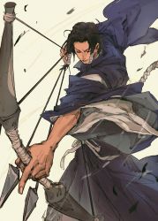 Rule 34 | 1boy, absurdres, arrow (projectile), black hair, bow (weapon), closed mouth, closed eyes, frown, highres, holding, holding bow (weapon), holding weapon, japanese clothes, jujutsu kaisen, kamo noritoshi, kimono, long hair, long sleeves, male focus, sidelocks, solo, weapon, wide sleeves, woshihedawei