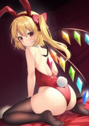 Rule 34 | 1girl, alternate costume, animal ears, ass, back, black thighhighs, blonde hair, bow, crystal, fake animal ears, fake tail, female focus, flandre scarlet, hair bow, leotard, no shoes, on bed, playboy bunny, rabbit ears, rabbit tail, red bow, red eyes, red leotard, ruhika, side ponytail, soles, solo, strapless, strapless leotard, tail, thighhighs, touhou, white wrist cuffs, wings, wrist cuffs