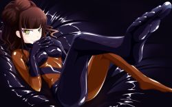 Rule 34 | bodysuit, brown hair, closed mouth, feet, gloves, green eyes, highres, latex, latex gloves, latex suit, original, shiny clothes, skin tight, smile, tamakko, toes