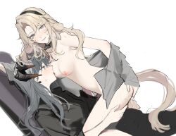 Rule 34 | 2girls, animal ears, arknights, black pants, black shirt, blonde hair, blush, breast sucking, breasts, clothed female nude female, cowgirl position, cum, dog ears, dog girl, dog tail, dragon girl, dragon horns, earclip, erection, floppy ears, futa with female, futanari, grey eyes, grey hair, highres, horns, joshua (shisanli934), kristen (arknights), long hair, looking at viewer, medium breasts, multiple girls, naked shirt, nipples, nude, open clothes, open shirt, pants, penis, reclining, saria (arknights), sex, shirt, simple background, straddling, tail, white background