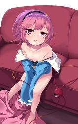 Rule 34 | 1girl, arai togami, bare shoulders, bottomless, breasts, clothes pull, collarbone, couch, downblouse, hairband, heart, highres, komeiji satori, long sleeves, looking at viewer, naked shirt, nipples, no bra, off shoulder, open mouth, pink eyes, pink hair, shirt, shirt pull, sitting, skirt, unworn skirt, small breasts, solo, third eye, touhou, v arms