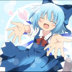Rule 34 | 1girl, blue dress, blue hair, bow, cirno, do (4-rt), dress, closed eyes, hair bow, heart, ice, ice wings, incoming hug, looking at viewer, open mouth, outstretched arms, puffy sleeves, shirt, short sleeves, smile, solo, touhou, upper body, wings