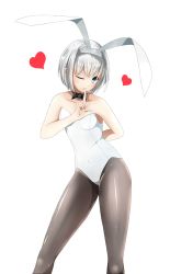 Rule 34 | 1girl, ;), animal ears, arm behind back, bare shoulders, black-apple 1218, black pantyhose, blush, bow, bowtie, breasts, covered navel, detached collar, fake animal ears, heart, highres, konpaku youmu, leotard, looking at viewer, one eye closed, pantyhose, playboy bunny, rabbit ears, short hair, silver hair, simple background, small breasts, smile, solo, standing, touhou, white background, white leotard