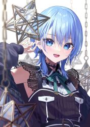 Rule 34 | 1girl, belt, black belt, black choker, black dress, blue eyes, blue hair, blush, bow, bow earrings, breast pocket, choker, double-parted bangs, dress, earrings, hair between eyes, hand up, highres, hololive, hoshimachi suisei, hoshimachi suisei (streetwear), jacket, jewelry, lace, lace choker, lace sleeves, long sleeves, looking at viewer, medium hair, midori matsukaze, neck ribbon, official alternate costume, official alternate hair length, official alternate hairstyle, open mouth, pocket, quilted jacket, ribbon, short hair, short hair with long locks, short sleeves, solo, star (symbol), star in eye, symbol in eye, teeth, two-sided fabric, two-sided jacket, upper body, upper teeth only, virtual youtuber