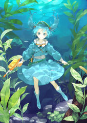 Rule 34 | 1girl, afloat, bag, belt, blue eyes, blue hair, boots, bubble, caustics, colored eyelashes, female focus, fish, floating, goggles, goggles around neck, gun, hair bobbles, hair ornament, hat, holding, kawashiro nitori, long sleeves, looking at viewer, matching hair/eyes, plant, puffy sleeves, shihou (g-o-s), short hair, skirt, smile, solo, touhou, toy, twintails, two side up, underwater, water gun, weapon