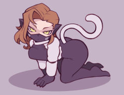 Rule 34 | 1girl, all fours, ass, breasts, brown hair, cat tail, commentary request, grey background, large breasts, long hair, looking at viewer, mask, nekomata (megami tensei), noise (lesion949), shadow, shin megami tensei, simple background, slit pupils, solo, tail, thick thighs, thighs, yellow eyes