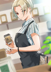 Rule 34 | 1girl, apron, barista, black apron, black nails, blonde hair, blurry, blurry background, bracelet, breasts, brown eyes, cafe, coffee cup, collared shirt, commentary request, cup, day, depth of field, disposable cup, doushimasho, dutch angle, earrings, employee uniform, eyes visible through hair, from side, hair over one eye, highres, holding, holding cup, indoors, jewelry, looking at viewer, medium breasts, mole, mole on neck, nail polish, original, shirt, short hair, short sleeves, solo, tsurime, uniform, upper body
