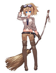 Rule 34 | 1girl, :o, arm up, bandages, black shirt, blonde hair, blue eyes, boots, broom, brown footwear, brown gloves, brown pants, brown thighhighs, collared shirt, crop top, eyebrows hidden by hair, front-tie top, full body, gloves, goggles, goggles on head, hair between eyes, highres, holding, holding broom, long sleeves, looking at viewer, midriff, navel, open clothes, open shirt, original, pants, parted lips, ponytail, shirt, simple background, solo, standing, thigh boots, thighhighs, tied shirt, tori (10ri), undershirt, white background, white shirt