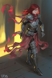 Rule 34 | 1girl, absurdres, armor, artist name, breastplate, brick floor, commentary, commission, english commentary, full body, gauntlets, greaves, highres, less, long hair, looking at viewer, orange eyes, original, pants, parted lips, pauldrons, plate armor, red hair, red scarf, scarf, shoulder armor, smile, solo, waist cape, walking
