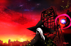 Rule 34 | 1girl, artist name, city, hat, long hair, original, outdoors, profile, red sky, sky, solo, takasaka light, white hair, wide shot, witch, witch hat