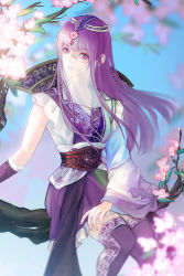 Rule 34 | 1girl, absurdres, blue sky, blurry, blurry background, cherry blossoms, flower, highres, leaf, long hair, looking to the side, open mouth, purple hair, qinshi mingyue, shao siming (qin shi ming yue), sitting, sky, smile, solo, sparkle, teeth, thighhighs, upper body, veil, yu yao