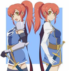 Rule 34 | 00s, 2girls, armor, belt, chastel aiheap, gloves, hisca aiheap, mikeneko (stray-sheep), military, military uniform, multiple girls, ponytail, red hair, sheath, sheathed, siblings, sisters, smile, sword, tales of (series), tales of vesperia, tales of vesperia: the first strike, thighhighs, twins, uniform, weapon, yellow eyes