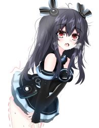 Rule 34 | bare shoulders, black hair, breasts, collar, dress, dripping, embarrassed, flustered, gloves, hair ornament, hairclip, highres, long hair, neptune (series), open mouth, red eyes, skirt, sl3camgqmy9igmq, small breasts, thighs, tsundere, twintails, two side up, uni (neptunia), wet