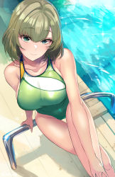 Rule 34 | 1girl, absurdres, arm support, ashita (2010), blue eyes, bob cut, breasts, collarbone, commentary request, competition swimsuit, crossed legs, day, eyelashes, green eyes, green hair, green one-piece swimsuit, groin, hand on own knee, heterochromia, highres, idolmaster, idolmaster cinderella girls, large breasts, legs, looking at viewer, on ladder, one-piece swimsuit, outdoors, pool, pool ladder, poolside, short hair, sitting, smile, solo, sparkle, swimsuit, takagaki kaede, thighs, water