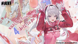 Rule 34 | 2girls, alice (nikke), animal ear headwear, anniversary, balloon, blonde hair, blush, bodysuit, breasts, cake, cake slice, card, cleavage, coat, countdown, double v, fake animal ears, food, gloves, goddess of victory: nikke, hat, headphones, highres, large breasts, long hair, long sleeves, looking at another, looking at viewer, ludmilla (nikke), macaron, medium breasts, multiple girls, official art, open mouth, pink bodysuit, pink eyes, playing card, second-party source, serie niai, sidelocks, smile, teeth, twintails, upper teeth only, v, white coat, white gloves, white hair