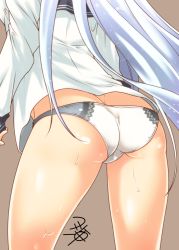 Rule 34 | 10s, 1girl, arms at sides, ass, brown background, butt crack, from behind, hibiki (kancolle), kantai collection, long hair, no pants, panties, school uniform, serafuku, signature, silver hair, simple background, sketch, solo, sweat, thighs, underwear, verniy (kancolle), white panties, yua (checkmate)