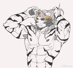 Rule 34 | abs, adjusting hair, animal ears, arknights, armpit hair, armpits, bara, beard, facial hair, furry, furry male, greyscale, headband, highres, huai tianpei (arknights), large pectorals, long hair, looking ahead, male focus, mature male, monochrome, muscular, muscular male, nipples, nude, pectorals, ppyong, spot color, thick beard, thick eyebrows, tiger boy, tiger ears, upper body, yellow eyes, yellow headband