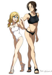 Rule 34 | blonde hair, blue eyes, breasts, brown hair, dated, hair bobbles, hair ornament, height difference, krista lenz, locked arms, low ponytail, medium breasts, navel, one-piece swimsuit, open mouth, sandals, shingeki no kyojin, small breasts, smile, swimsuit, twintails, twitter username, white one-piece swimsuit, ymir (shingeki no kyojin), zyunya