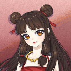 Rule 34 | 1girl, bare shoulders, black hair, blunt bangs, brown eyes, chinese clothes, closed mouth, dongfang shenwa, double bun, dudou, facial mark, fengwa, forehead mark, hair bun, hair ribbon, highres, jewelry, kumu zaisheng, long hair, looking at viewer, neck ring, parted bangs, portrait, red background, red lips, red ribbon, ribbon, smile, solo