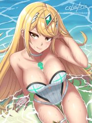 Rule 34 | 1girl, beach, blonde hair, breasts, chest jewel, cslucaris, gem, headpiece, large breasts, long hair, mythra (radiant beach) (xenoblade), mythra (xenoblade), one-piece swimsuit, patreon username, ribbed swimsuit, solo, strapless, strapless one-piece swimsuit, striped clothes, striped one-piece swimsuit, swept bangs, swimsuit, thighs, tiara, vertical-striped clothes, vertical-striped one-piece swimsuit, very long hair, white one-piece swimsuit, xenoblade chronicles (series), xenoblade chronicles 2, yellow eyes