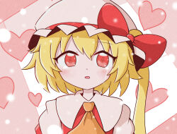 Rule 34 | 1girl, ascot, blonde hair, crying, embodiment of scarlet devil, flandre scarlet, hat, hat ribbon, highres, npoin, open mouth, puffy short sleeves, puffy sleeves, red eyes, red ribbon, ribbon, short sleeves, side ponytail, solo, streaming tears, tears, touhou, upper body, white mob cap, yellow ascot