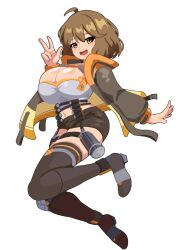 Rule 34 | 1girl, :d, ahoge, ajidot, anis (nikke), black jacket, black shorts, black thighhighs, blush, breasts, brown eyes, brown hair, cleavage, crop top, fingerless gloves, gloves, goddess of victory: nikke, grey gloves, grey shirt, jacket, large breasts, multicolored clothes, multicolored jacket, open mouth, orange jacket, shirt, short hair, short shorts, shorts, smile, solo, thigh strap, thighhighs, transparent background, two-tone jacket, w