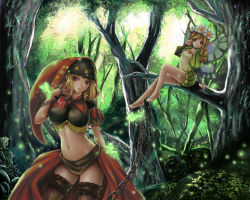 Rule 34 | 2girls, blonde hair, breasts, chain, forest, impossible clothes, in tree, large breasts, mercedes (odin sphere), midriff, multiple girls, nature, navel, odin sphere, only haruka, puff and slash sleeves, puffy sleeves, purple eyes, thighhighs, tree, velvet (odin sphere), wings, yellow eyes, zettai ryouiki