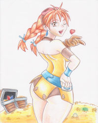 Rule 34 | 1girl, aika (eternal arcadia), ass, back, belt, blowing kiss, braid, brown eyes, curvy, earrings, eternal arcadia, fuillteach, gloves, goggles, goggles on head, hair ornament, hand on own hip, heart, jewelry, long hair, looking at viewer, looking back, one eye closed, orange hair, sega, shiny skin, smile, thick thighs, thighs, treasure chest, twin braids, wink