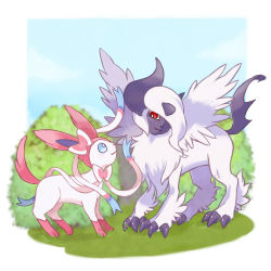 Rule 34 | :3, absol, artist name, blue sclera, blue sky, blurry, blurry background, blush, border, bush, claws, closed mouth, cloud, colored sclera, creatures (company), day, eye contact, feathered wings, from side, full body, game freak, gen 3 pokemon, gen 6 pokemon, grass, hair over one eye, happy, highres, light blush, looking at another, looking up, mega absol, mega pokemon, nintendo, outdoors, pokemon, pokemon (creature), rorosuke, signature, sky, smile, standing, sylveon, white border, white eyes, white hair, white wings, wings