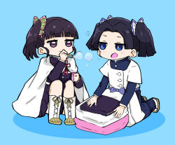 Rule 34 | 2girls, apron, black hair, black jacket, black skirt, blue background, blue eyes, blue jacket, blue pants, blunt bangs, blush, boots, blowing bubbles, butterfly hair ornament, cape, chibi, closed mouth, commentary request, cross-laced footwear, full body, hair ornament, highres, holding, jacket, kanzaki aoi (kimetsu no yaiba), kappougi, kimetsu no yaiba, kneeling, lace-up boots, multiple girls, nozo (hitomiz), open mouth, pants, parted bangs, pleated skirt, purple eyes, shadow, side ponytail, skirt, squatting, tsuyuri kanao, twintails, white apron, white cape, white footwear
