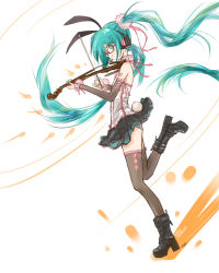 Rule 34 | 1girl, animal ears, aqua eyes, aqua hair, artist name, bespectacled, boots, character name, detached sleeves, glasses, hatsune miku, headphones, high heels, highres, instrument, kowiru, long hair, music, panties, pantyshot, playing instrument, rabbit ears, rabbit tail, red-framed eyewear, revision, skirt, solo, standing, standing on one leg, striped clothes, striped panties, tail, thighhighs, twintails, underwear, upskirt, very long hair, violin, vocaloid