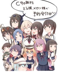 Rule 34 | 10s, 6+girls, :d, :t, = =, ahoge, akagi (kancolle), akebono (kancolle), anchor choker, arm behind back, black hair, blonde hair, blue eyes, blue hair, blunt bangs, breast rest, breasts, breasts on head, brown eyes, brown hair, capelet, chopsticks, closed eyes, collar, commentary request, crescent, crescent hair ornament, detached sleeves, eating, eyebrows, flower, food, frown, glasses, graf zeppelin (kancolle), green hair, grin, hair between eyes, hair flower, hair ornament, hairband, hand on another&#039;s head, hand on another&#039;s shoulder, haruna (kancolle), hat, hatsuyuki (kancolle), headgear, hibiki (kancolle), hiei (kancolle), holding, holding microphone, i-8 (kancolle), ido (teketeke), japanese clothes, kaga (kancolle), kantai collection, kimono, kirishima (kancolle), kongou (kancolle), large breasts, leaning forward, long hair, looking at viewer, microphone, military, military uniform, multiple girls, muneate, nagato (kancolle), noodles, one eye closed, open mouth, parted bangs, pink hair, pleated skirt, purple hair, remodel (kantai collection), sailor collar, sailor hat, sailor shirt, school swimsuit, school uniform, serafuku, shirt, short hair, side ponytail, silver hair, sketch, skirt, smile, suzukaze (kancolle), swimsuit, translation request, twintails, uniform, uzuki (kancolle), v, verniy (kancolle), white background
