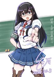 Rule 34 | 1girl, adapted costume, armband, artist logo, black hair, blue sailor collar, blue skirt, brown thighhighs, chalkboard, commentary request, cowboy shot, dated, foreshortening, green eyes, hairband, highres, hip vent, kantai collection, ld (luna dial398), long hair, necktie, ooyodo (kancolle), open mouth, pleated skirt, pointing, pointing at viewer, puffy sleeves, red necktie, round teeth, sailor collar, sailor shirt, school uniform, serafuku, shirt, short sleeves, skirt, solo, teeth, thighhighs, toaru kagaku no railgun, toaru majutsu no index, upper teeth only, white hairband, white shirt