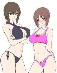 Rule 34 | 10s, 2girls, arms behind back, bad id, bad pixiv id, bikini, black bikini, blush, bow, bow bikini, breasts, brown eyes, brown hair, cleavage, closed mouth, cowboy shot, crossed arms, embarrassed, female focus, flat color, girls und panzer, large breasts, looking at viewer, medium breasts, multiple girls, navel, nishizumi maho, nishizumi miho, pink bikini, short hair, siblings, side-by-side, side-tie bikini bottom, simple background, sisters, standing, swimsuit, white background, zucchini